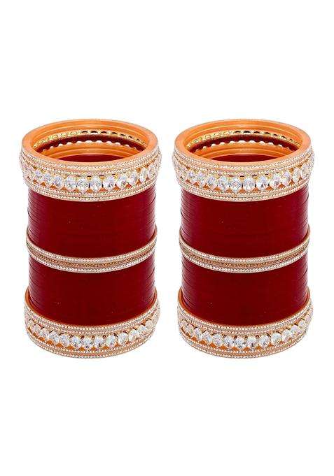 Lucky Jewellery Bridal Bangle Set Wedding Punjabi Chuda Solitair Designer Chura CZ Stone Maroon Color Choora