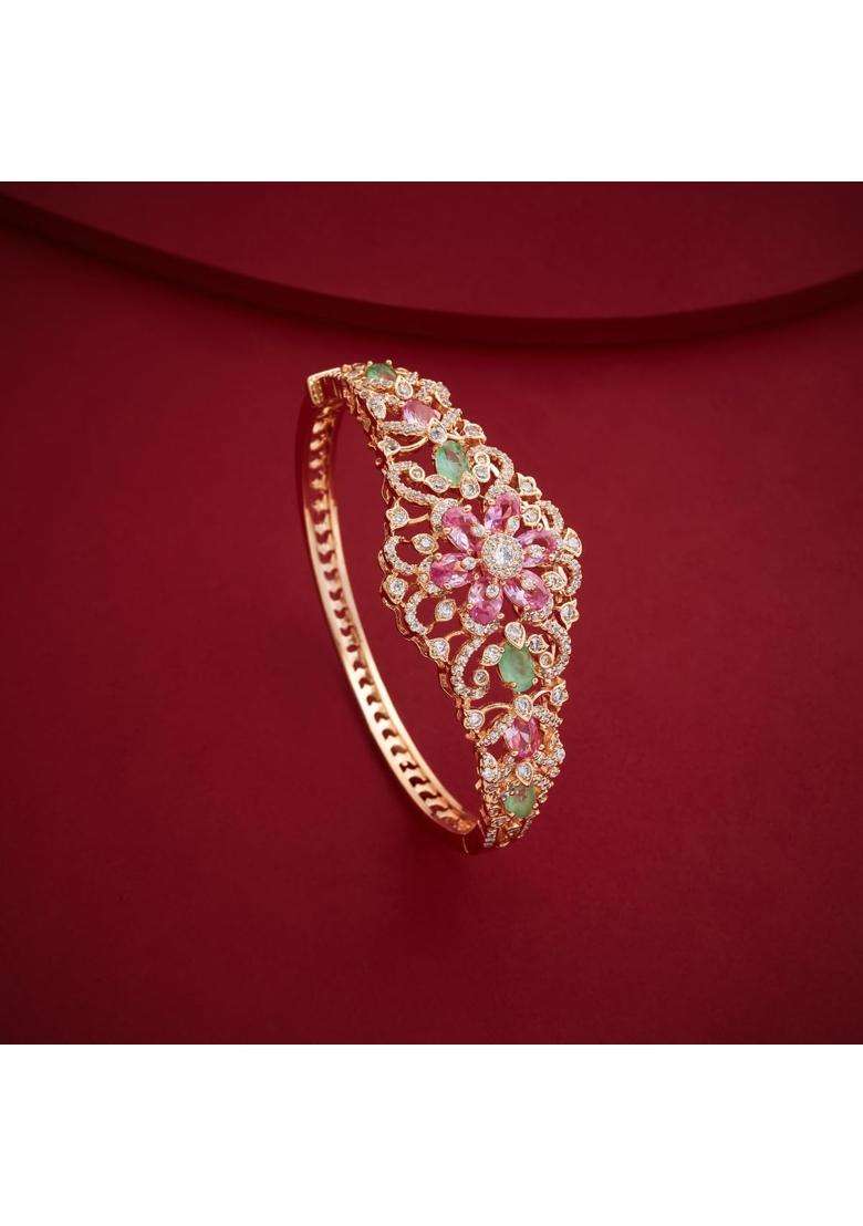 Kushals Fashion Jewellery Pink Mint Gold Rose Plated Zircon Kada for Women with Secure Lock Party - Indya