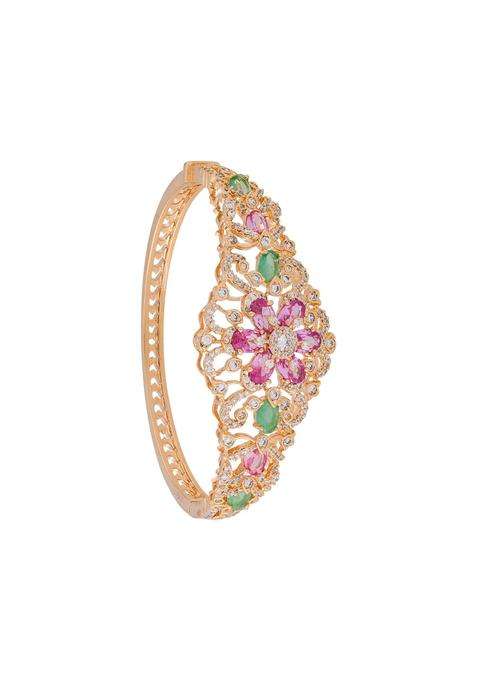 Kushals Fashion Jewellery Pink Mint Gold Rose Plated Zircon Kada for Women with Secure Lock Party
