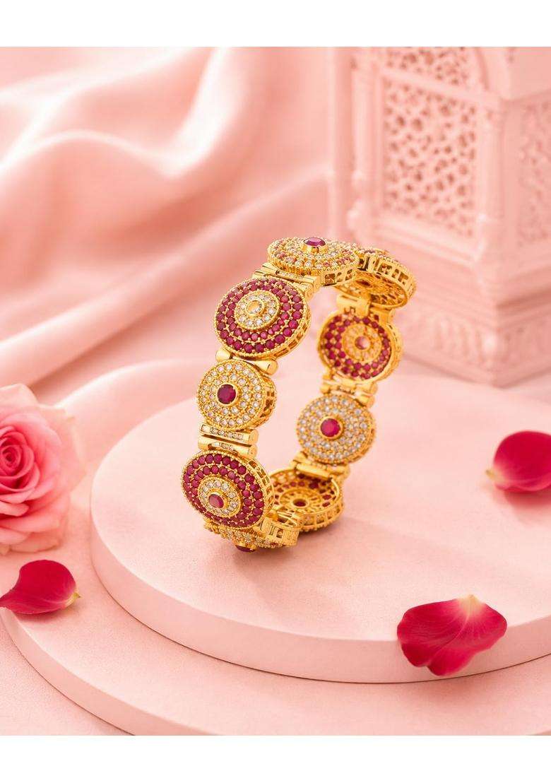 PM AURA Jewels Traditional Gold Plated Ruby and White Stone Studded Kada Bangles for Women Set of 2 - Indya