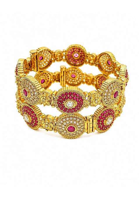 PM AURA Jewels Traditional Gold Plated Ruby and White Stone Studded Kada Bangles for Women Set of 2