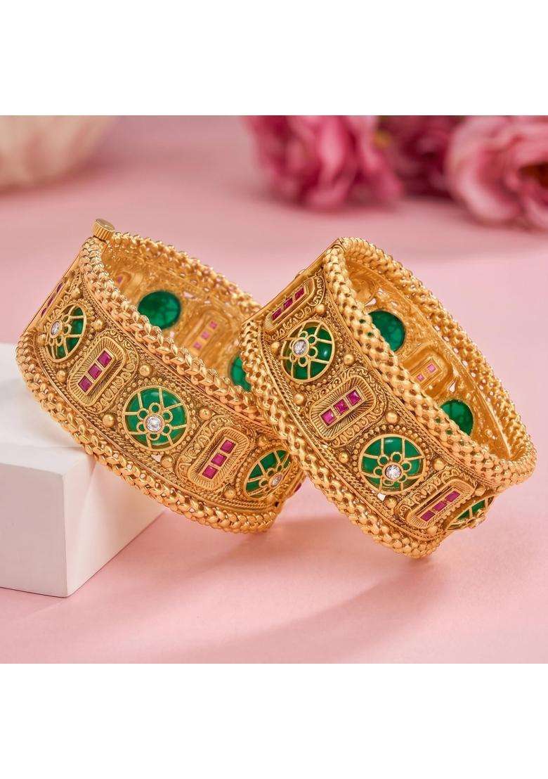 Peora Gold Plated Rani Pink Green Thick Kada Bangles Set for Women - Indya