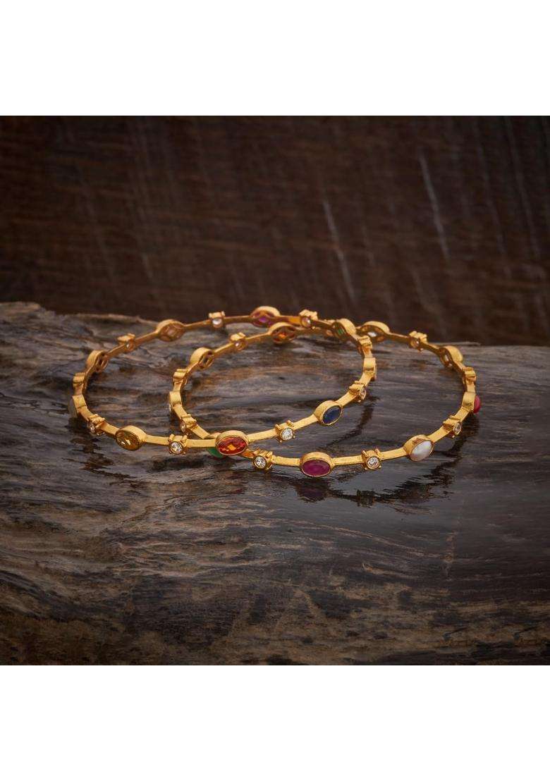 Kushals Fashion Jewellery Navaratna Gold Polished 925 Silver Temple Bangles - Indya