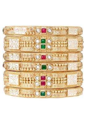 Peora Ethnic Gold Plated Rani Pink Green Crystals Studded Bangles for Women