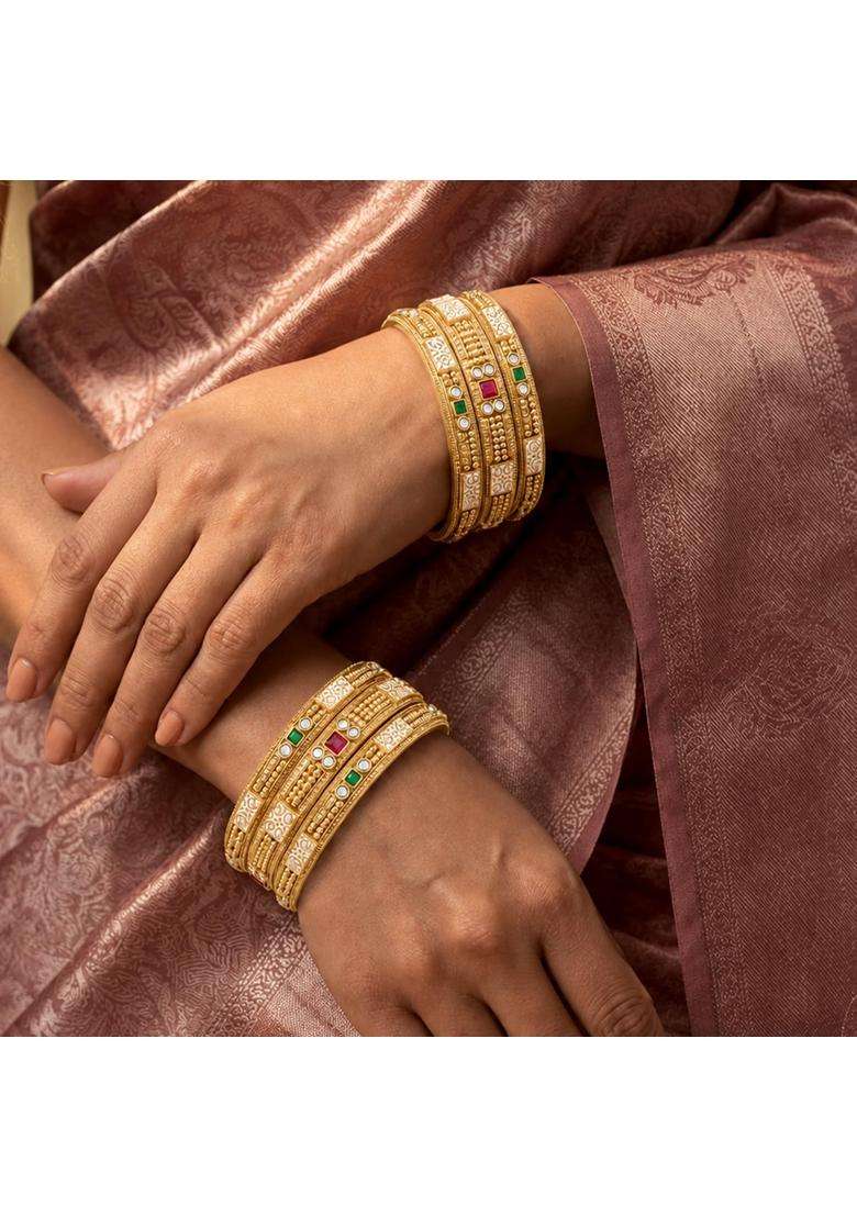 Peora Ethnic Gold Plated Rani Pink Green Crystals Studded Bangles for Women - Indya