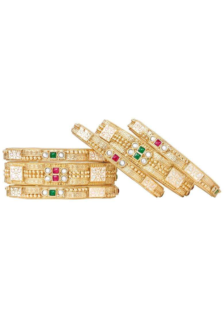 Peora Ethnic Gold Plated Rani Pink Green Crystals Studded Bangles for Women - Indya