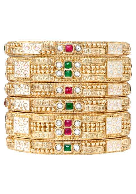 Peora Ethnic Gold Plated Rani Pink Green Crystals Studded Bangles for Women