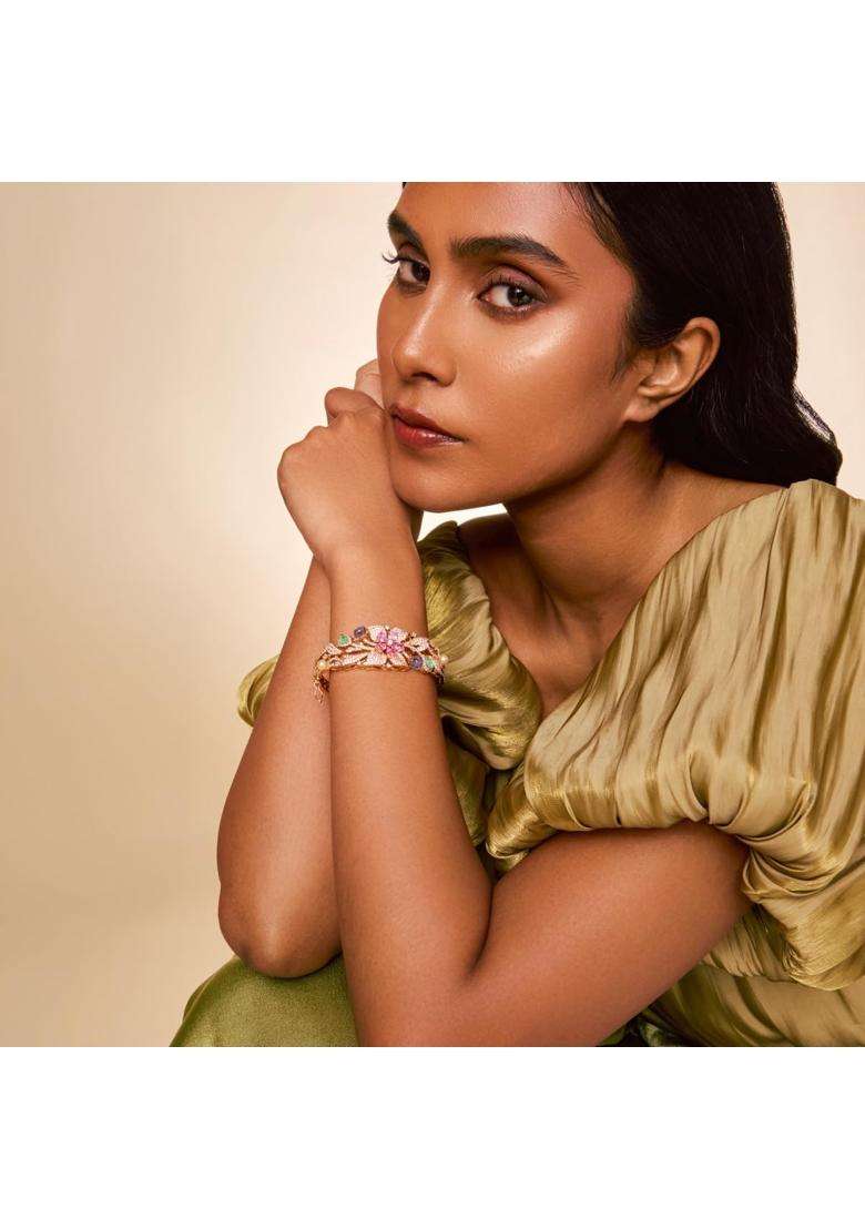 Kushals Fashion Jewellery Multi Gold Rose Plated Zircon Kada for Women with Secure Lock Bridal - Indya
