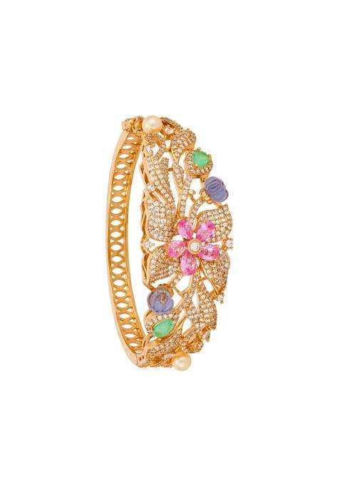 Kushals Fashion Jewellery Multi Gold Rose Plated Zircon Kada for Women with Secure Lock Bridal