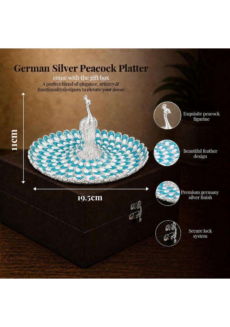Diviniti German Silver Peacock Decorative Tray for Home Decor - Indya