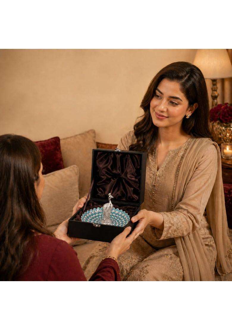 Diviniti German Silver Peacock Decorative Tray for Home Decor - Indya