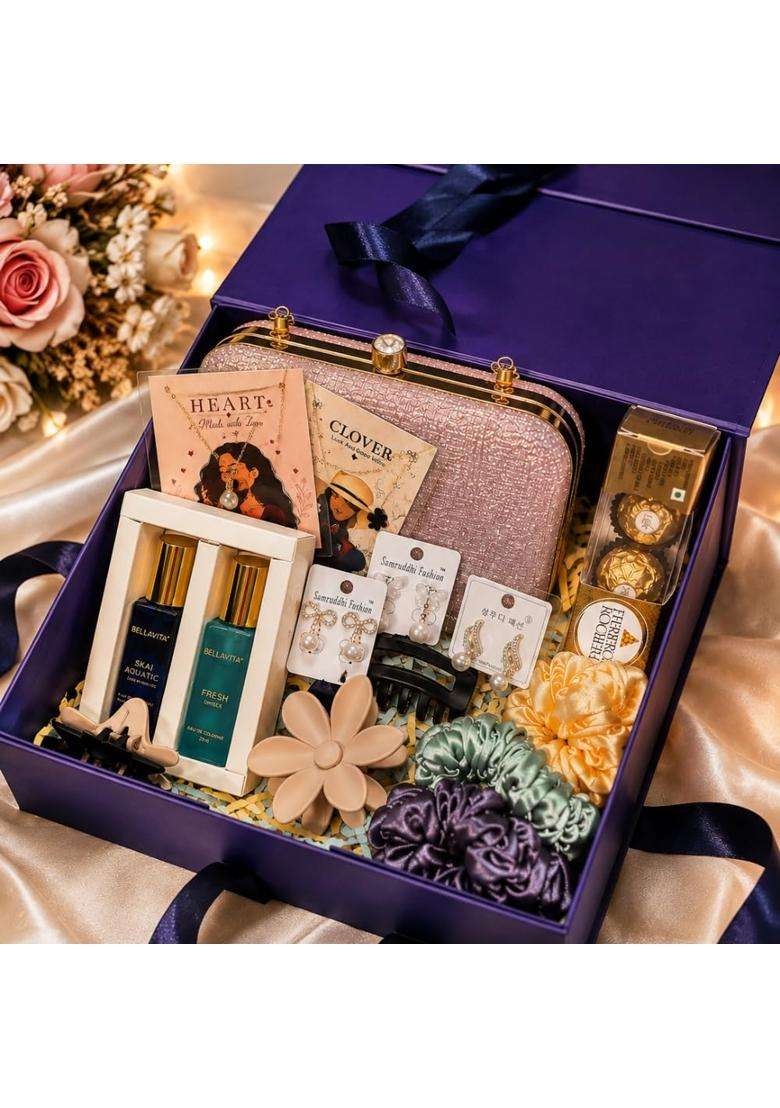 Maroon Luxury Women Festive Gift Hamper Box Clutch Purse Jewellery Perfume and Chocolate Combo - Indya
