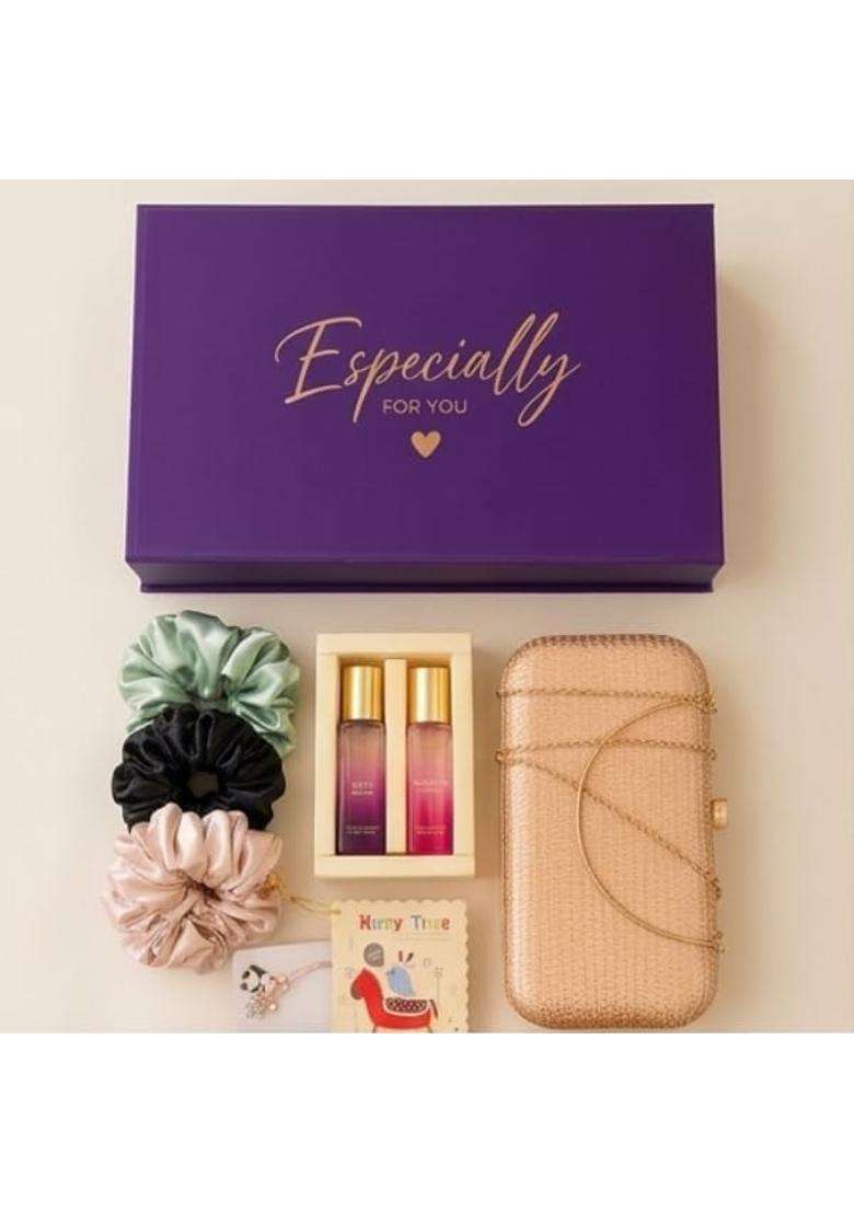 Maroon Luxury Women Festive Gift Hamper Box Clutch Purse Jewellery Perfume and Chocolate Combo - Indya