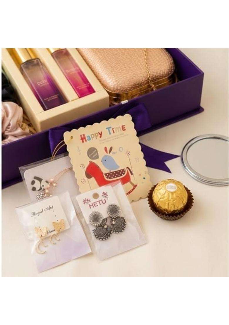 Maroon Luxury Women Festive Gift Hamper Box Clutch Purse Jewellery Perfume and Chocolate Combo - Indya