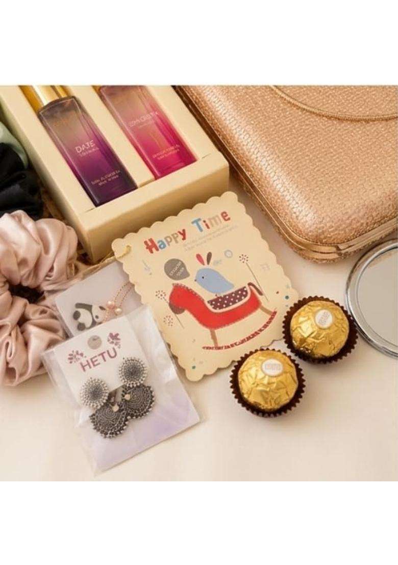 Maroon Luxury Women Festive Gift Hamper Box Clutch Purse Jewellery Perfume and Chocolate Combo - Indya