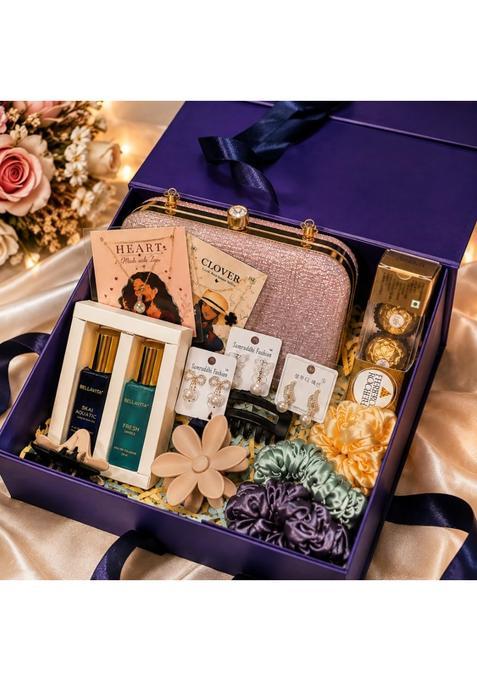 Maroon Luxury Women Festive Gift Hamper Box Clutch Purse Jewellery Perfume and Chocolate Combo