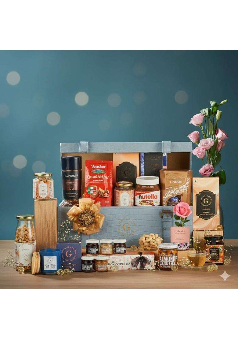 The Gift Studio Blue COM Luxury Food Trunk Gourmet Gift Hamper Premium Chocolates Nuts Coffee Tea Truffles - Indya