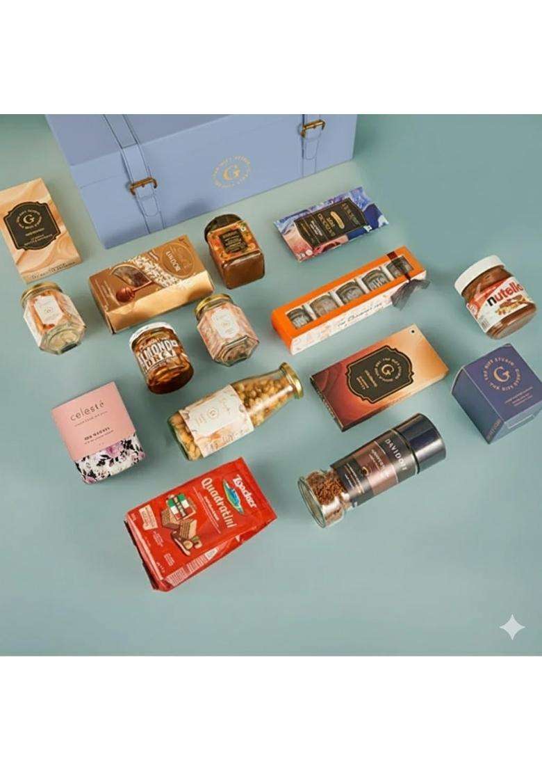 The Gift Studio Blue COM Luxury Food Trunk Gourmet Gift Hamper Premium Chocolates Nuts Coffee Tea Truffles - Indya