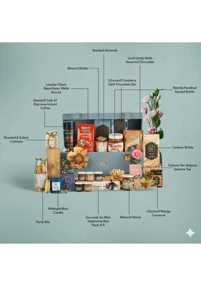 The Gift Studio Blue COM Luxury Food Trunk Gourmet Gift Hamper Premium Chocolates Nuts Coffee Tea Truffles - Indya