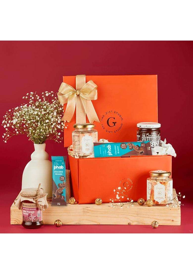 The Gift Studio COM Guilt Free Indulgence Gift Box Healthy Snack Hamper with Cashews Almonds Organic Honey - Indya