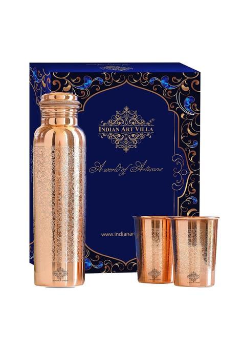 Indian ART Villa Pure Copper Drinkware Gift Set with 1 Bottle 900 ML and 2 Glasses 275 ML in a Blue Box