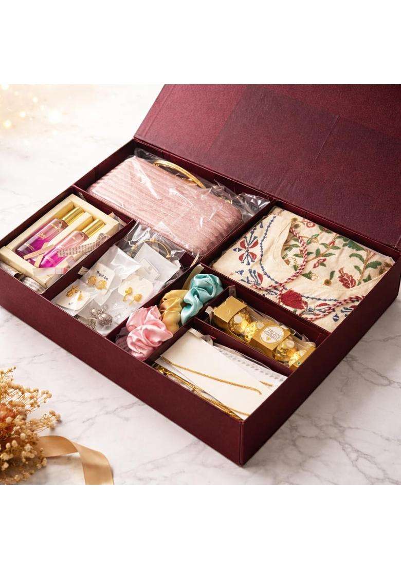 Maroon Luxury Women Festive Gift Hamper Box Ethnic Kurti Clutch Jewellery Perfume and Chocolate Combo - Indya