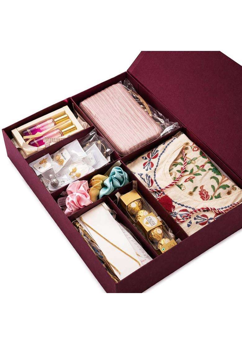 Maroon Luxury Women Festive Gift Hamper Box Ethnic Kurti Clutch Jewellery Perfume and Chocolate Combo - Indya