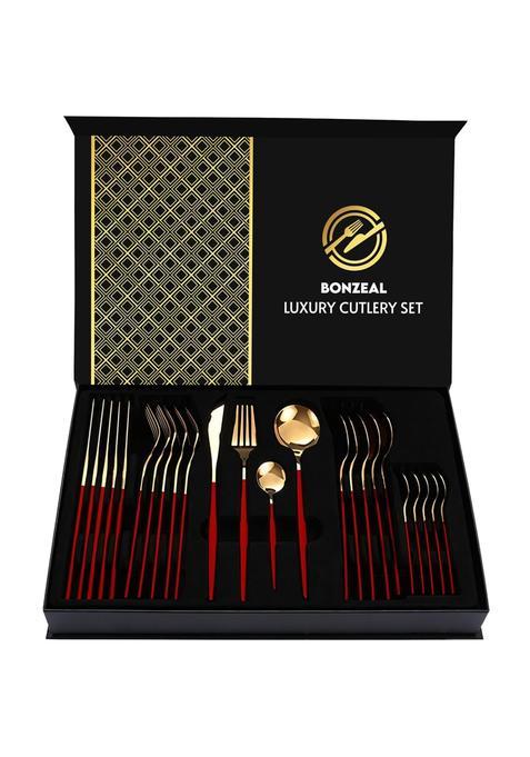 Bonzeal 24 Pieces Red Gold Cutlery Set for 6 Person Mirror Finish Stainless Steel Premium Flatware Set House