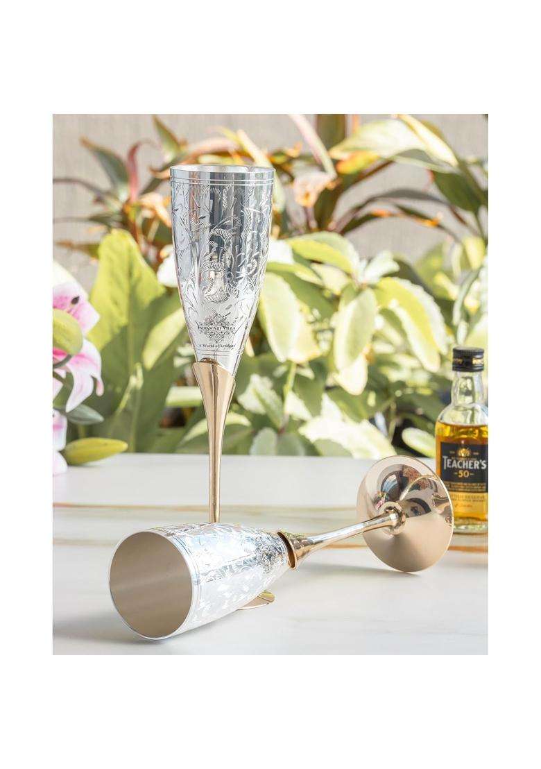 Indian ART Villa Silver Plated Goblet Flute Wine Glass with Blue Box Best for Parties Set of 2 - Indya