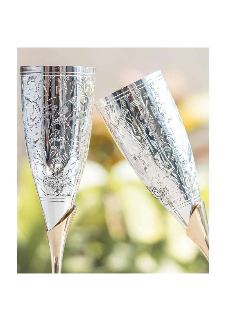 Indian ART Villa Silver Plated Goblet Flute Wine Glass with Blue Box Best for Parties Set of 2 - Indya