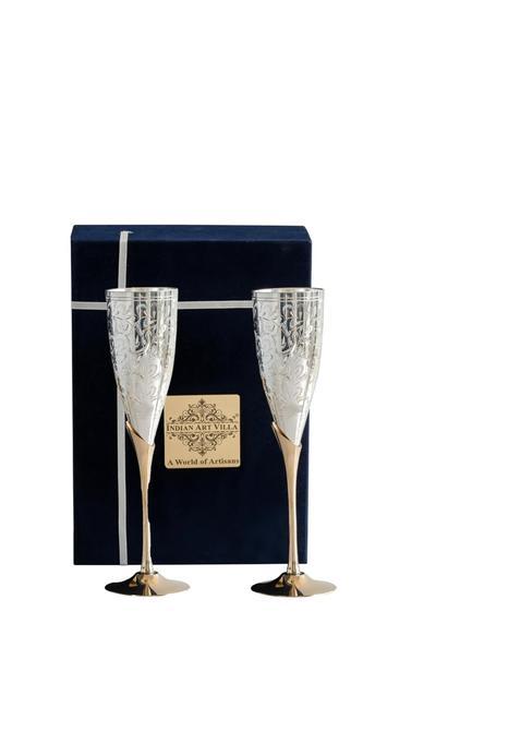 Indian ART Villa Silver Plated Goblet Flute Wine Glass with Blue Box Best for Parties Set of 2