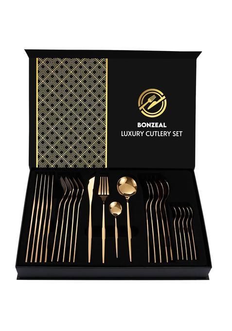 Bonzeal Gift Hamper 24 Pcs Mirror Finish Gold Stainless Steel Flatware Cutlery Set for 6 Person with Gift Box