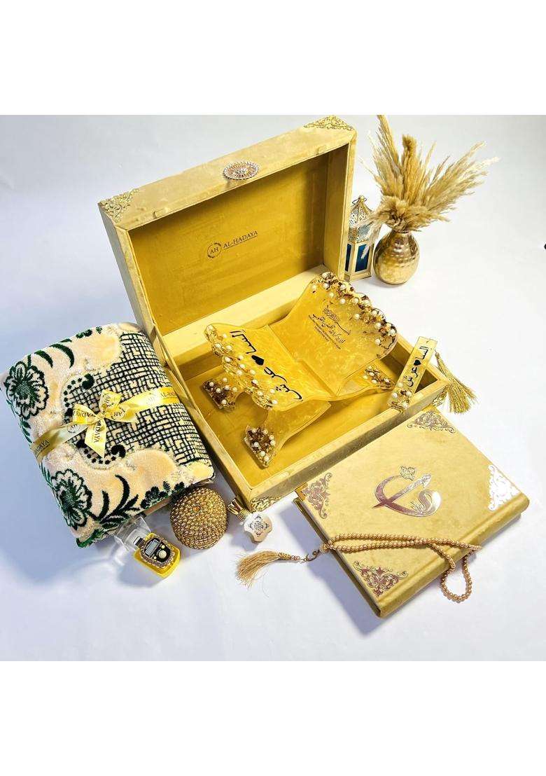 AL Hadaya Golden Luxury Quran Gift Set with Prayer Mat Tasbih Beads Digital Counter Rehal and Attar - Indya