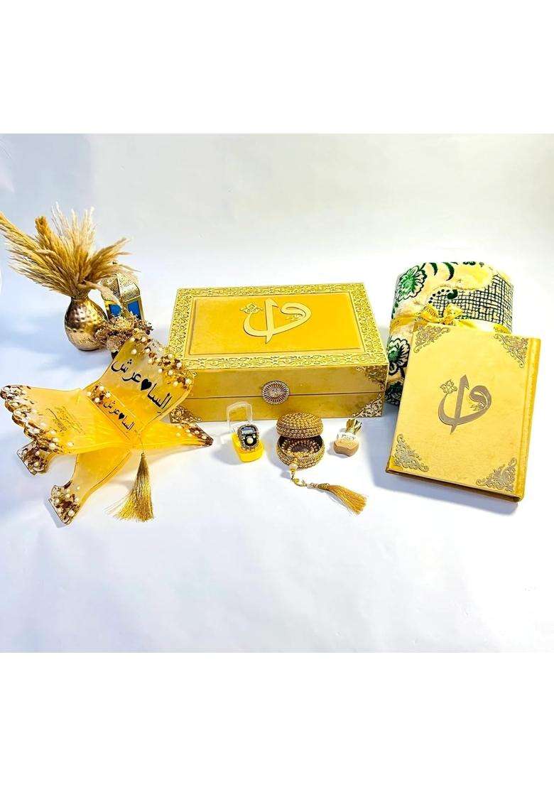 AL Hadaya Golden Luxury Quran Gift Set with Prayer Mat Tasbih Beads Digital Counter Rehal and Attar - Indya