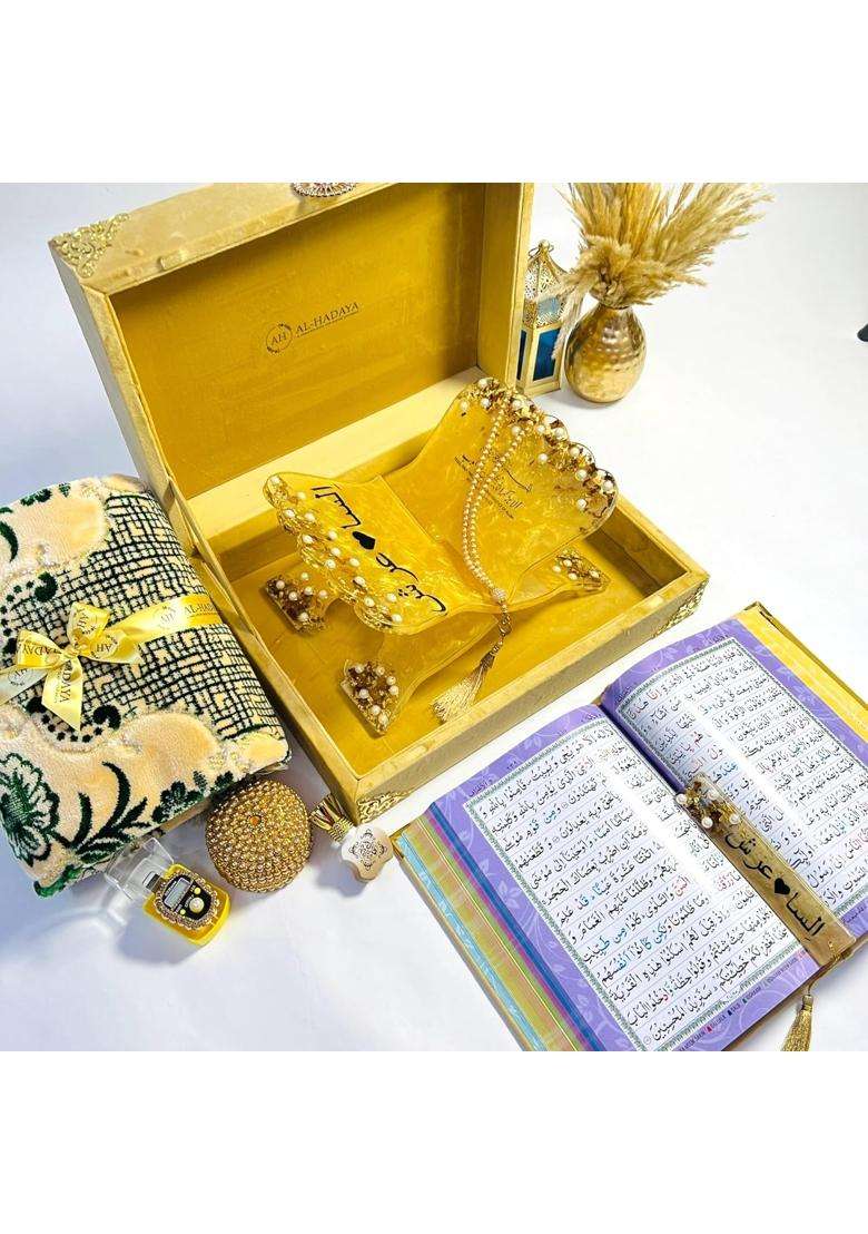 AL Hadaya Golden Luxury Quran Gift Set with Prayer Mat Tasbih Beads Digital Counter Rehal and Attar - Indya