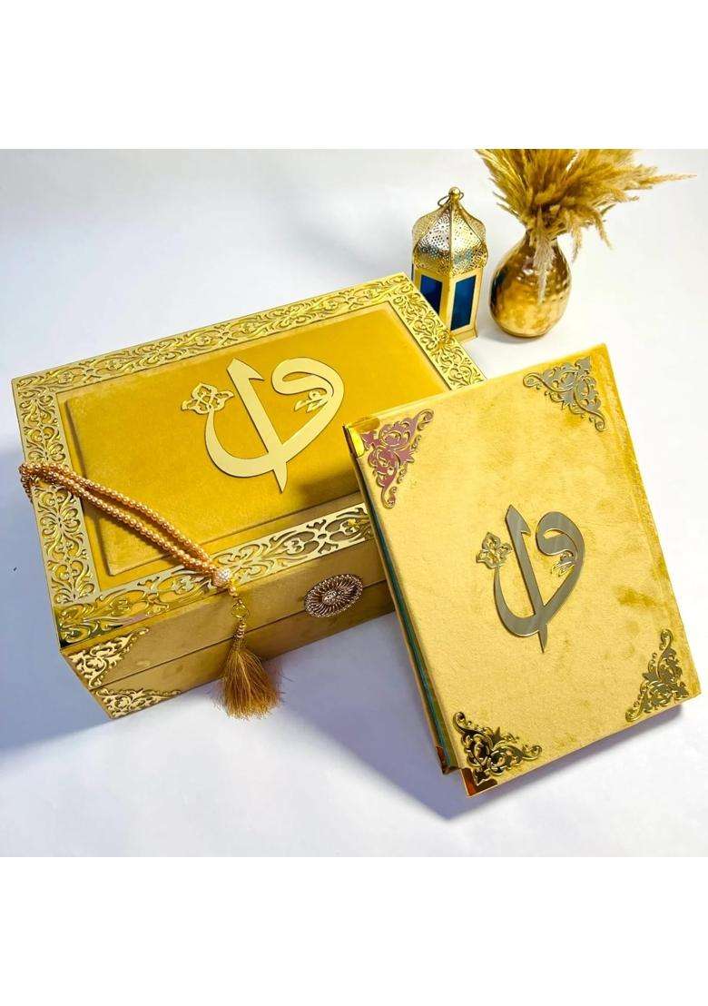 AL Hadaya Golden Luxury Quran Gift Set with Prayer Mat Tasbih Beads Digital Counter Rehal and Attar - Indya