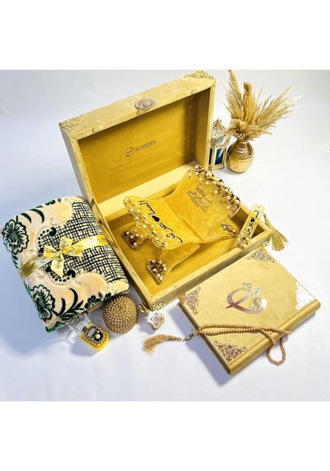 AL Hadaya Golden Luxury Quran Gift Set with Prayer Mat Tasbih Beads Digital Counter Rehal and Attar