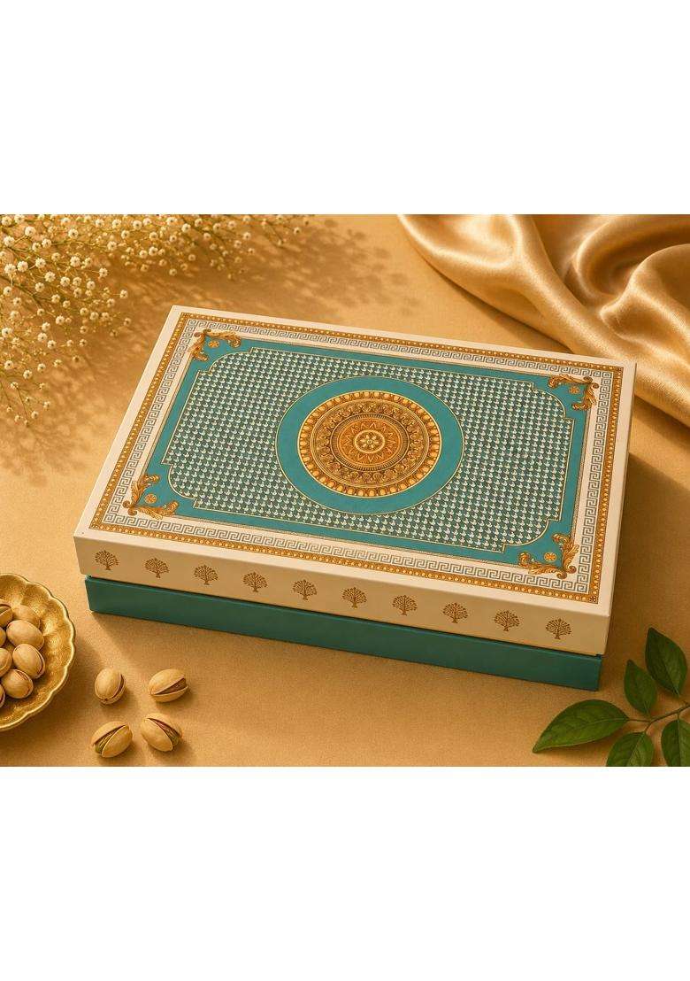 Svarnkosh Teal and Gold Mandala Dry Fruit Gift Box Assortment of Pistachios Almonds and Cashews 900G - Indya