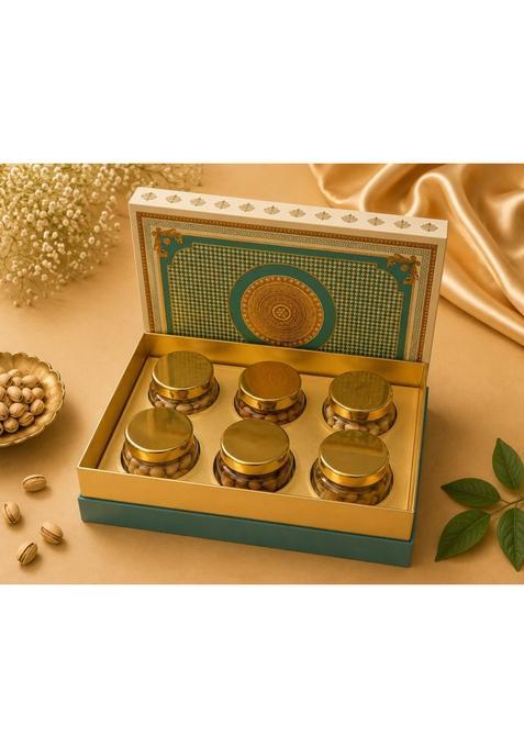 Svarnkosh Teal and Gold Mandala Dry Fruit Gift Box Assortment of Pistachios Almonds and Cashews 900G