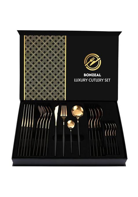 Bonzeal 24 Pieces Black Gold Cutlery Set for 6 Person Mirror Finish Stainless Steel Premium Flatware Set House