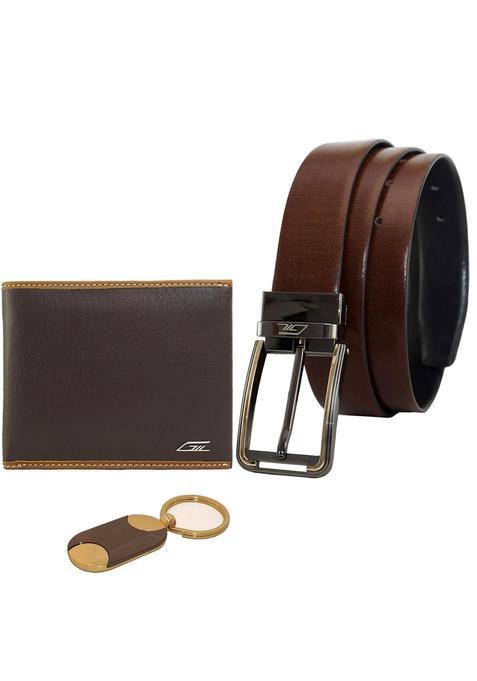 GIL Brown Genuine Leather Belt and Wallet Combo for Men and Women with Keyring Gift Hamper for Couples