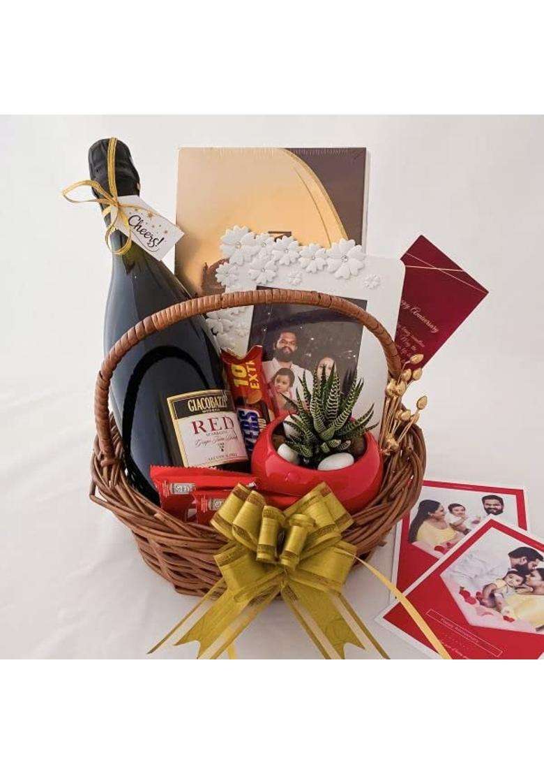 Angroos Brown Exciting Wedding Hamper Ideas for Couples with Tasty Grape Juice Chocolates and Greetings - Indya