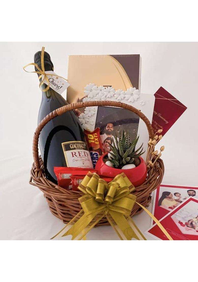 Angroos Brown Exciting Wedding Hamper Ideas for Couples with Tasty Grape Juice Chocolates and Greetings - Indya