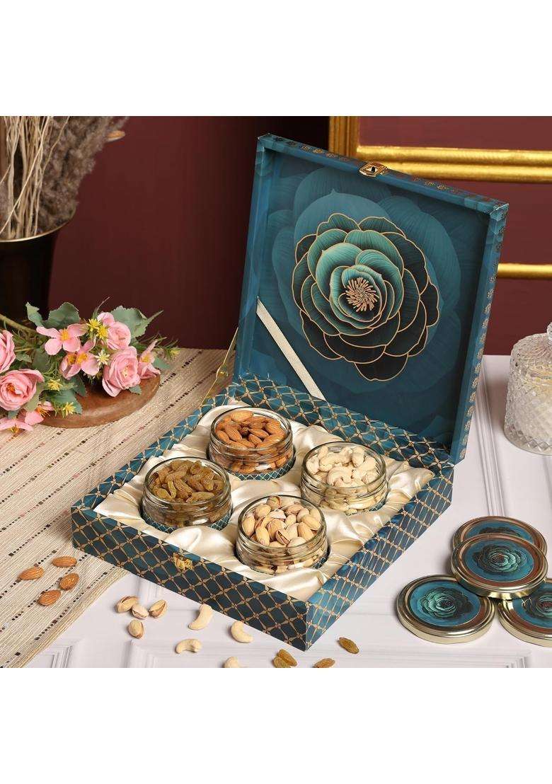Riwaz Premium Gift Hamper Blue Rose Gourmet Almonds Cashews Pistachios Raisins in Airtight Salsa Jars - Indya