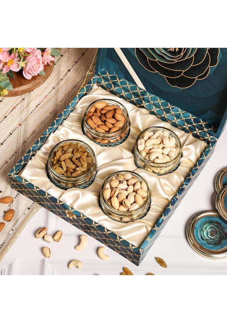 Riwaz Premium Gift Hamper Blue Rose Gourmet Almonds Cashews Pistachios Raisins in Airtight Salsa Jars - Indya
