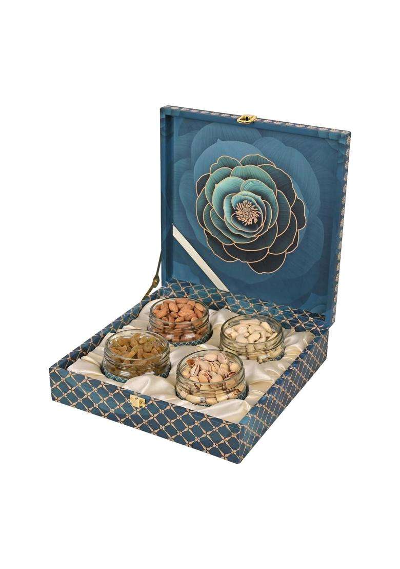 Riwaz Premium Gift Hamper Blue Rose Gourmet Almonds Cashews Pistachios Raisins in Airtight Salsa Jars - Indya