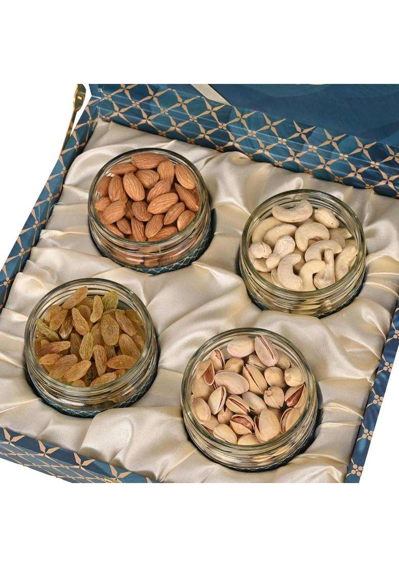 Riwaz Premium Gift Hamper Blue Rose Gourmet Almonds Cashews Pistachios Raisins in Airtight Salsa Jars - Indya