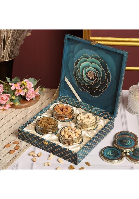 Riwaz Premium Gift Hamper Blue Rose Gourmet Almonds Cashews Pistachios Raisins in Airtight Salsa Jars
