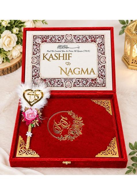 HDM Creation Red Elegant Islamic Customized Wedding Gift Hamper Including Nikah Nama Booklet Qubool Hai Pen