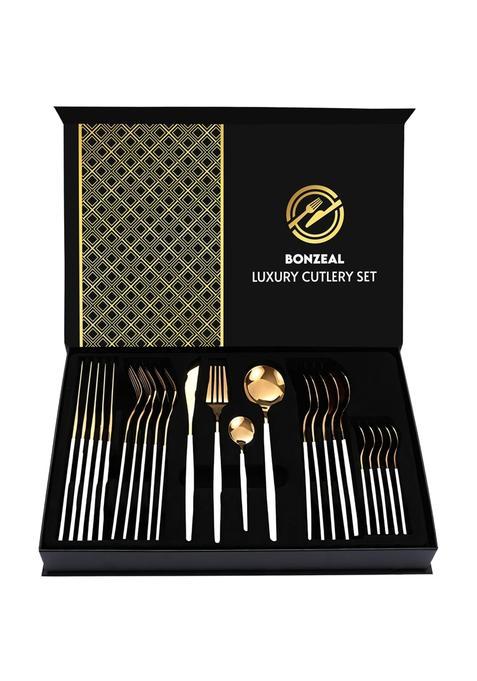 Bonzeal 24 Pieces White Gold Cutlery Set for 6 Person Mirror Finish Stainless Steel Premium Flatware Set House
